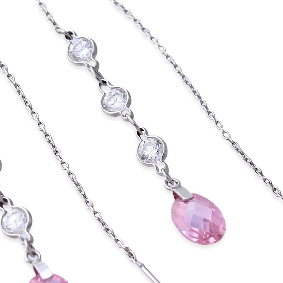 Sterling Silver Pink Crystal Threader Earrings Triple Rhinestone Chain Dangle - Picture 2 of 4